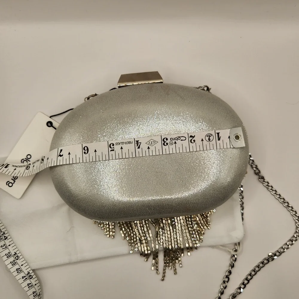 New Olga Berg Bria Crystal Fringe Clutch Rhinestone Chain Strap Silver Evening C
